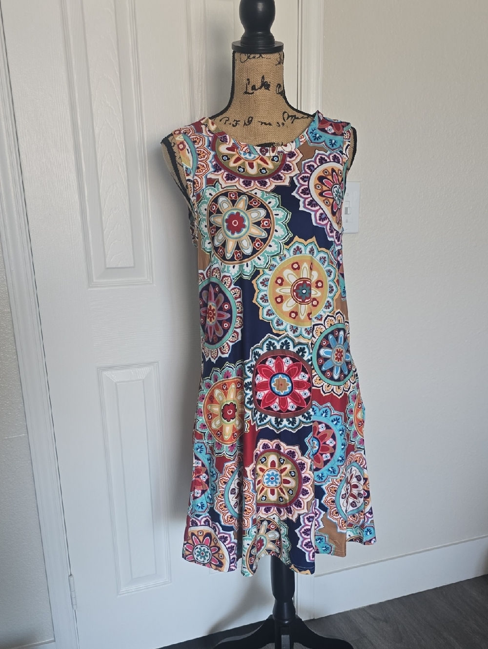 Cherfly Sleeveless Multicolor Medallion Print A-Line Dress